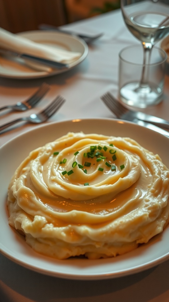 Creamy mashed potatoes in a white bowl, garnished with chives, on an elegant dining table.